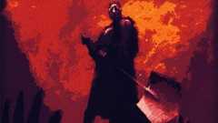 A man holds a shovel in front of a red background.