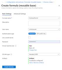 Screenshot of the standard Basic Settings configuration tab for adding a formula in DevTest Labs.