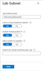Screenshot that shows the Shared I P setting on the Lab Subnet page.