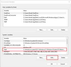 The environment variables window with user and system variables.