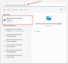 Windows start menu with edit environment variable