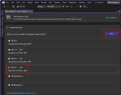 A screenshot of the .NET Upgrade Assistant. The target framework prompt is open and .NET 8 is highlighted along with the 'Next' button.