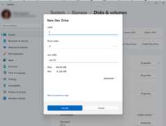 Screenshot of Dev Drive label, drive letter, and size settings