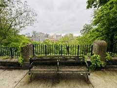 A park bench and a vista in Morningside Park, New York City