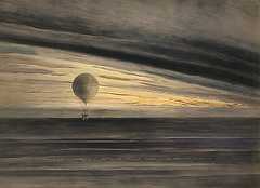 Painting of a balloon floating above the ocean.