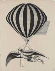 Woodcut shows a man flying with wings strapped to his arm and suspended from a striped balloon.