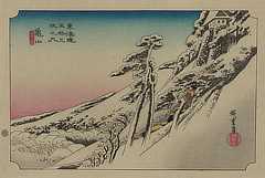 Print shows travelers walking up a steep pass on a snow-covered hillside.