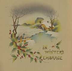 Illustration shows a snowy cottage in front of a small pond surrounded by holly berries.