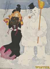 Poster shows a women, wearing a long black dress and matching hat with hands inside a large muff, standing next to snow man with a broom, top hat, and corn-cob pipe.