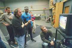 Rob Coleman and Ahmed Best on the mo-cap stage for The Phantom Menace.