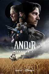 Image of Cassian Andor (actor Diego Luna) and several characters from Andor set against the Death Star. There are several Imperial stormtroopers walking through a field below with smoke rising behind them. | Andor: A Star Wars Story Season 2 | April 22 | Disney+ | movie poster image