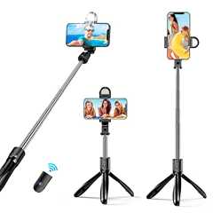 自撮り棒 三脚 【2022業界モデル・軽量】  Bluetooth セルカ棒 LEDライト付き リモコン付き スマホ 5段階伸縮 360°回転 無線 折りたたみ コンパクト 持ち運び便利 iPhone7/8iPhoneX/iPhone11/ iPhone13等スマホ対応