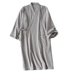SLMJMY ガーゼパジャマ メンズ ガーゼ 寝巻きルームウェア ワンピース 前開き 長袖 綿100 お寝巻 ねまき コットン 甚平 吸汗 部屋着 バスローブ 浴衣 和風 夏春秋 -グレー||M