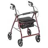 Drive Medical Aluminum Rollator Walker Fold Up and Removable Back Support, Padded Seat, 7.5" Wheels, Red