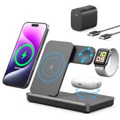 【2024新登場】TEPNICAL ワイヤレス充電器 3 in 1急速充電 折り畳み式 スタンド 置くだけ 15W/10W/7.5W iPhone 16/15/14/13/12シリーズ対応/Galaxy/Note/Apples iWatch など対応 20W PDアダプター付属 ブラック