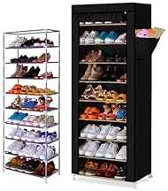 جزامة أحذية موفرة للمساحة ومقاومة للغبار بأرفف من 10 طبقات من سنودفانس، منظم مع غطاء قماشي 30 سم × 60 سم × 1.60 م، (أسود)