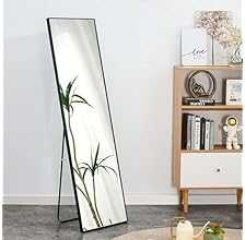 مراية كاملة الطول مع حامل معدني بإطار من الالومنيوم، مراية قائمة أو معلقة HD كبيرة مع خطافات [1.42 م ارتفاع × 35 سم عرض] [غ…