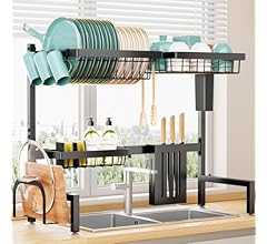 Sakugi シンク上水切りラック 食器乾燥かご 食器置き場 伸縮式【幅68〜86cm】304ステンレス製 錆びない 自動排水 多機能 包丁・まな板スタンド付き キッチン収納 ラック 組み立て簡単(ブラック)