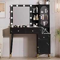 Vanity Desk with Mirror and Lights, with Power Outlet and 10 Lights Modern Capacity Makeup Vanity with 3 Drawers, Makeup...