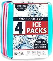 Cool Coolers by Fit & Fresh 4 Pack Slim Ice Packs, Quick Freeze Space Saving Reusable Ice Packs for Lunch Boxes or...