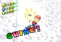 Mario earns a Shine Sprite in the localized version of Super Mario Sunshine. The English "Shine Get!" exclamation has since gained infamy