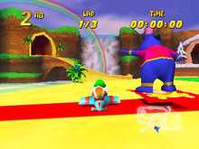 Tiptup racing Taj in the Plane Challenge of Diddy Kong Racing.