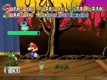 Mario and Yoshi Kid fleeing from a battle on the Twilight Trail