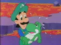 Luigi holding Yoshi in the Super Mario World episode Mama Luigi.