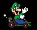 Luigi driving by and waving.
