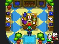 The interior of the Gear Shop from the Toad Town shopping mall in Mario & Luigi: Bowser's Inside Story