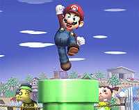 Mario jumping out of a pipe in Brawl.