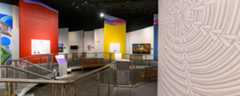 View of new exhibition, Homelands: Connecting to Mounds through Native Art shows renovated gallery space and new art