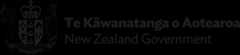 New Zealand Government logo, crest with a shield two figures and a crown, and text reading: New Zealand Government. Te Kāwanatanga o Aotearoa
