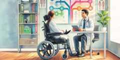 Illustration of a male doctor seated at a desk and a female patient seated across from him in a power wheelchair.