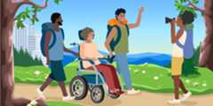 Vector drawing of young woman with an electric wheelchair walking outside the city with her friends.
