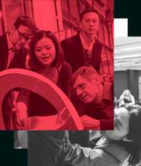 A rotating carousel of images representing learn, imagine, build. The first image is of four people investigating a red and white structure in the Hybrid Formations course. The second image is a group of students pinning postits of ideas on the wall for critique. The third image is of a student helping place a VR headset on another for a project presentation.