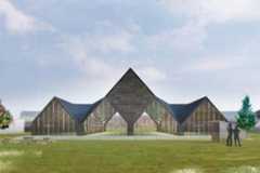 A wide framed rendering of the Aretian Agricultural Foundation. The rendering shows a campus of several building, with the focus of a central building made up of three connecting triangular rooflines.