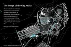 A screenshot from a video of the Eye for AI project. It shows a white city grid on a black background. The mouse scrolls over blue points on the grid and reveals a photograph from that location.