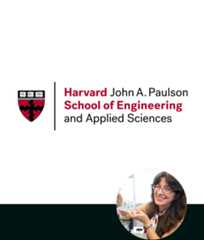 The Harvard John A. Paulson School of Engineering and Applied Sciences logo on a white square, with a headshot of program co-director Joanna Aizenberg smiling and holding test tubes in a small circle underneath.