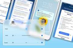 A close up mockup of the SimpleFuture service screens. A diagram overlays the mockups to show that SimpleFuture is the conduit between state treasuriees and the bank to match, verify, and transfer Unclaimed Property to its owners.