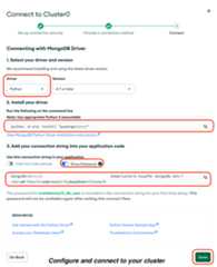 Image highlighting the Python driver, installation command, connection string, and the Done button