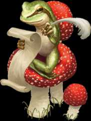 Frog on a mushroom writing with a quill and scroll.