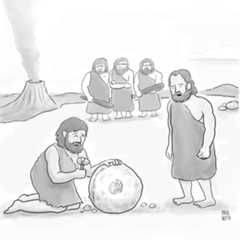 Two bearded men wearing animal pelts are discussing the stone wheel that one of them is carving. In the background...