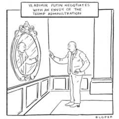 Vladimir Putin shakes his finger at himself in the mirror.