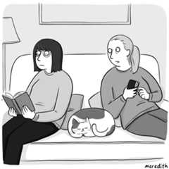 On a couch one person holds a book and looks out into the middle distance with a glazedover look. Another looks up from...