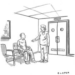 A surgeon speaks to a worriedlooking person in a waiting room.