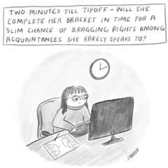 A woman sits at a laptop. The heading reads “TWO MINUTES TILL TIPOFF—WILL SHE COMPLETE HER BRACKET IN TIME FOR A SLIM...