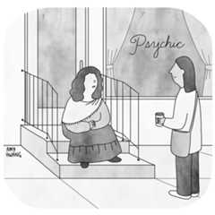 A psychic sits on the stoop of her shop talking to a passerby.