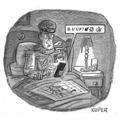 A man in an elaborate military uniform sits in bed with a map spread on his lap. He texts on his phone “U UP” followed...