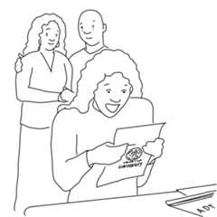A student exclaims over a letter while their parents look on.